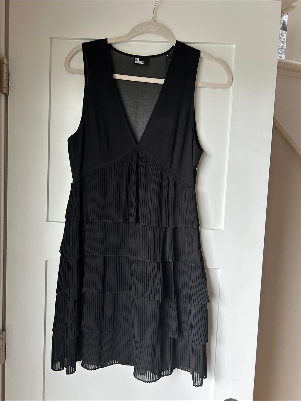 The Kooples Black Sleeveless V-Neck Pleated Tiered Mini Dress